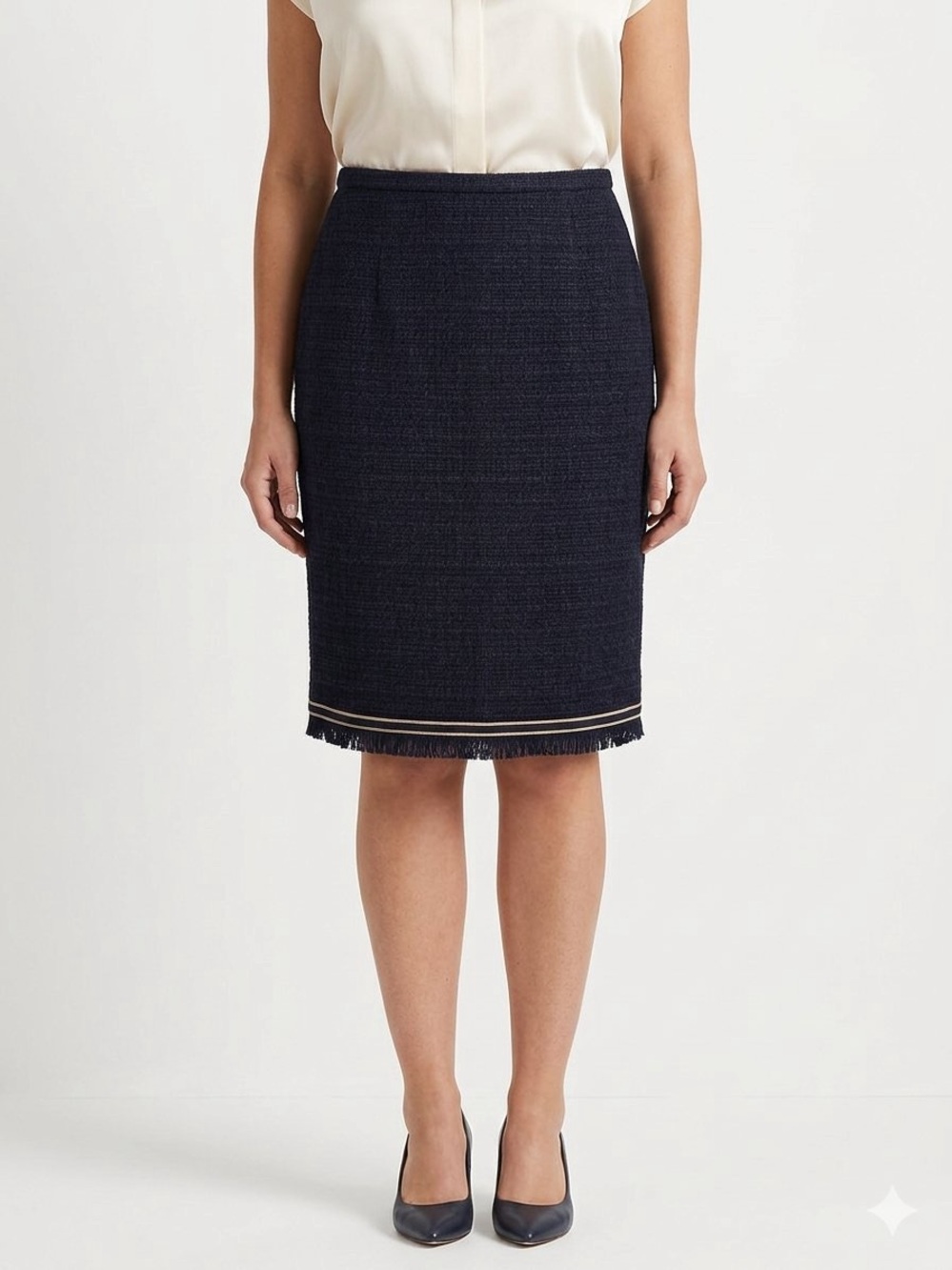 Tommy Hilfiger Navy Tweed Pencil Skirt with Fringe Hem